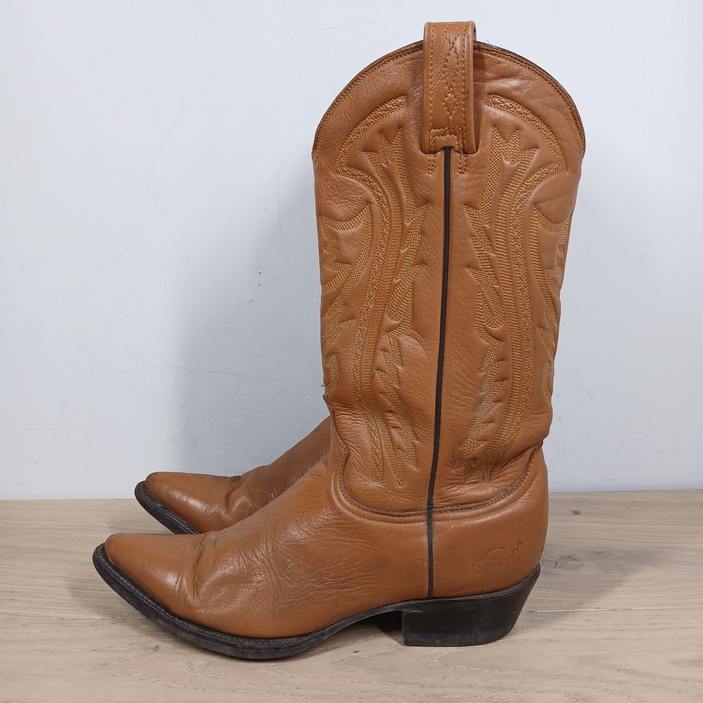 Rancho Boots Men 8.5 Tan Brown Leather Embroidered Cowboy Western Pull On